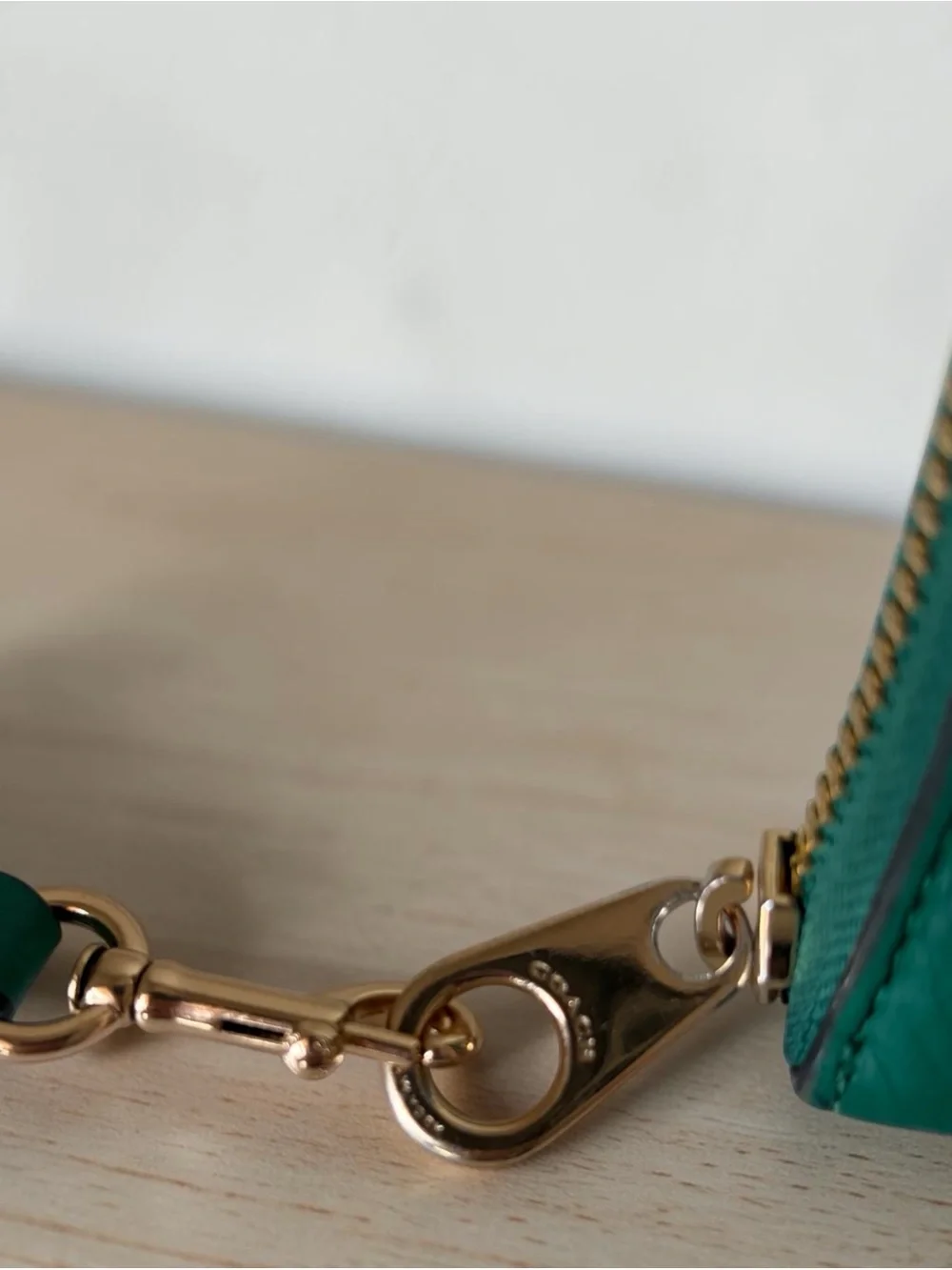 COACH Green Leather Long Zip Wallet with Pink Strap Accent Style C8277